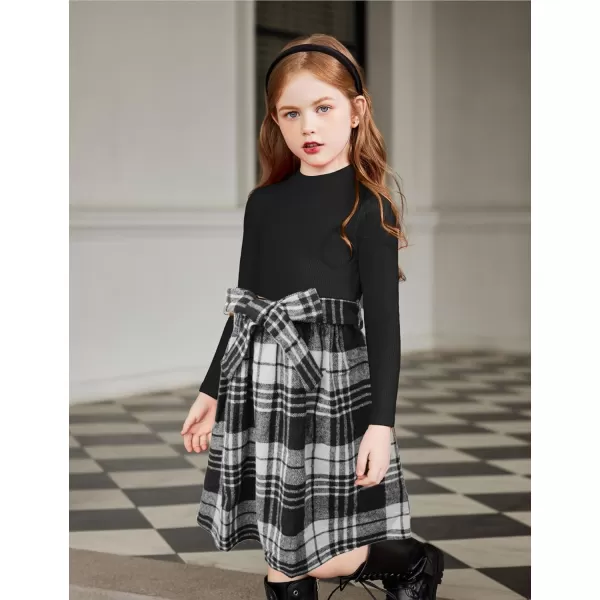 Arshiner Girls Dresses Long Sleeve Rib Knit Plaid Patchwork Belted Dress with Pockets