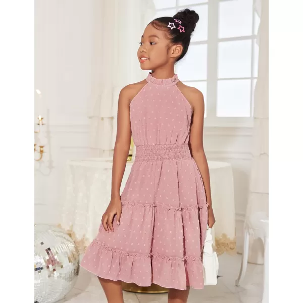 Arshiner Girls Halter Neck Sleeveless Dress Casual Flowy Swiss Dot Smocked Cute Summer Dress for 5-12 Years