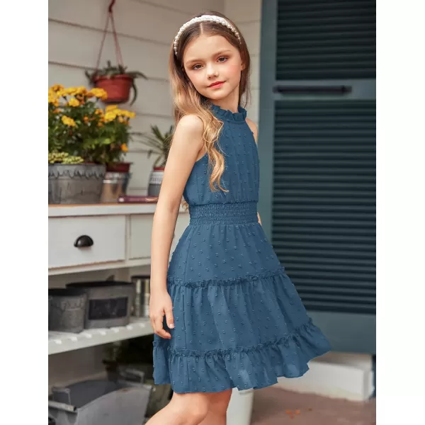 Arshiner Girls Halter Neck Sleeveless Dress Casual Flowy Swiss Dot Smocked Cute Summer Dress for 5-12 Years