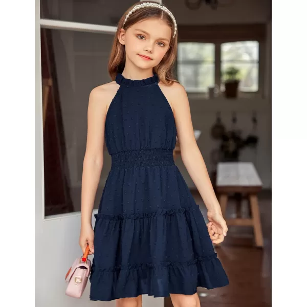 Arshiner Girls Halter Neck Sleeveless Dress Casual Flowy Swiss Dot Smocked Cute Summer Dress for 5-12 Years