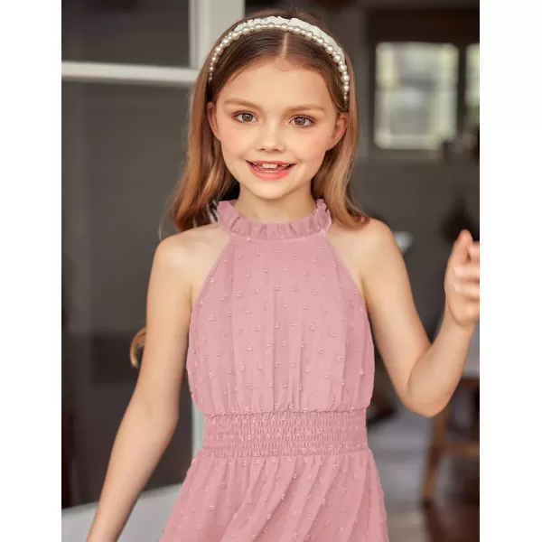 Arshiner Girls Halter Neck Sleeveless Dress Casual Flowy Swiss Dot Smocked Cute Summer Dress for 5-12 Years