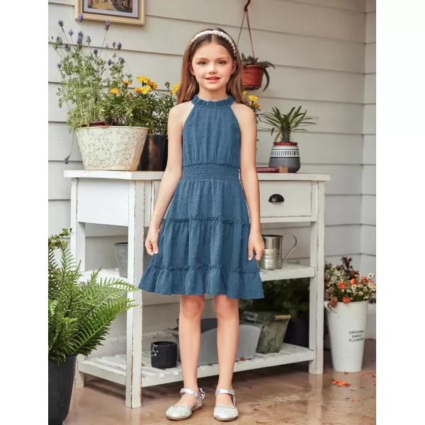Arshiner Girls Halter Neck Sleeveless Dress Casual Flowy Swiss Dot Smocked Cute Summer Dress for 5-12 Years