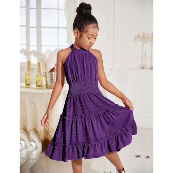 Arshiner Girls Halter Neck Sleeveless Dress Casual Flowy Swiss Dot Smocked Cute Summer Dress for 5-12 Years