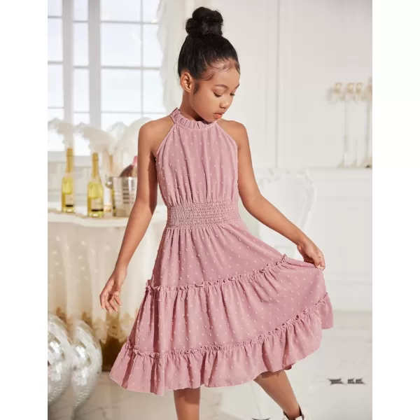 Arshiner Girls Halter Neck Sleeveless Dress Casual Flowy Swiss Dot Smocked Cute Summer Dress for 5-12 Years