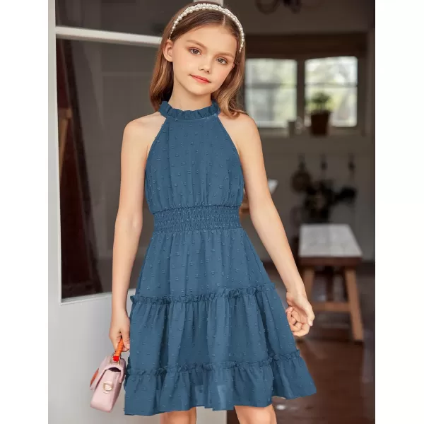 Arshiner Girls Halter Neck Sleeveless Dress Casual Flowy Swiss Dot Smocked Cute Summer Dress for 5-12 Years