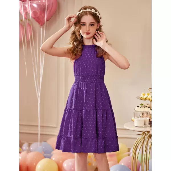 Arshiner Girls Halter Neck Sleeveless Dress Casual Flowy Swiss Dot Smocked Cute Summer Dress for 5-12 Years