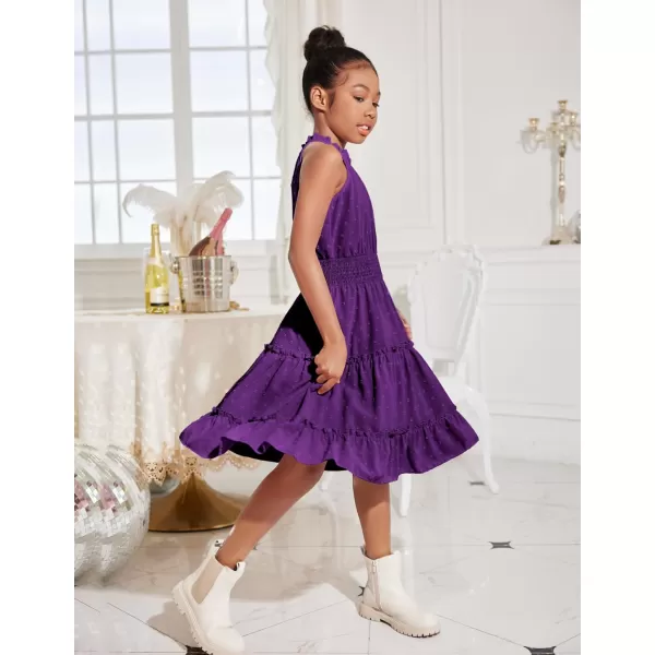 Arshiner Girls Halter Neck Sleeveless Dress Casual Flowy Swiss Dot Smocked Cute Summer Dress for 5-12 Years