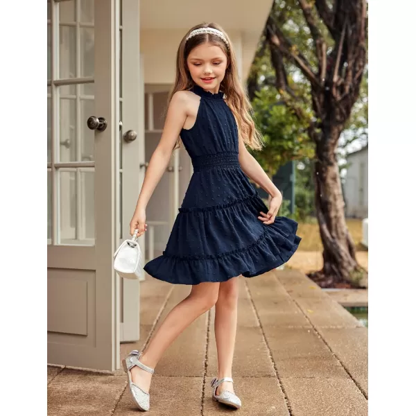 Arshiner Girls Halter Neck Sleeveless Dress Casual Flowy Swiss Dot Smocked Cute Summer Dress for 5-12 Years