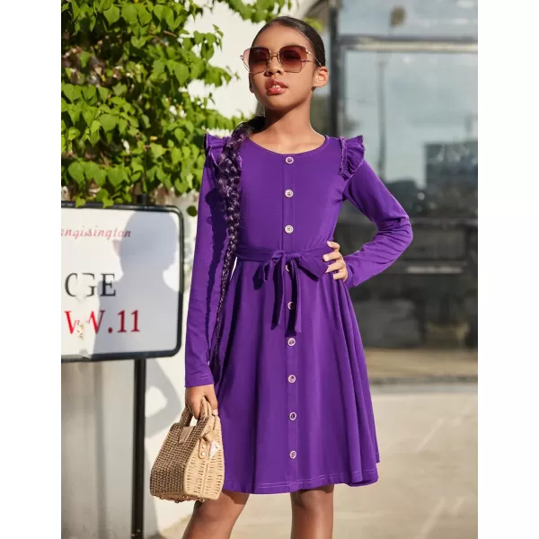 Arshiner Girls Long Sleeve Dress Casual Fall Dress A Line Belted Midi Dress with Pockets for Kids 5-14Y