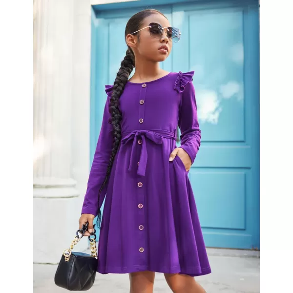 Arshiner Girls Long Sleeve Dress Casual Fall Dress A Line Belted Midi Dress with Pockets for Kids 5-14Y
