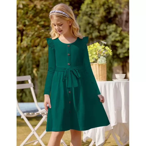 Arshiner Girls Long Sleeve Dress Casual Fall Dress A Line Belted Midi Dress with Pockets for Kids 5-14Y
