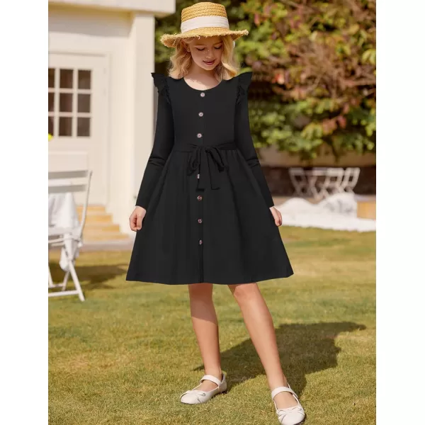 Arshiner Girls Long Sleeve Dress Casual Fall Dress A Line Belted Midi Dress with Pockets for Kids 5-14Y