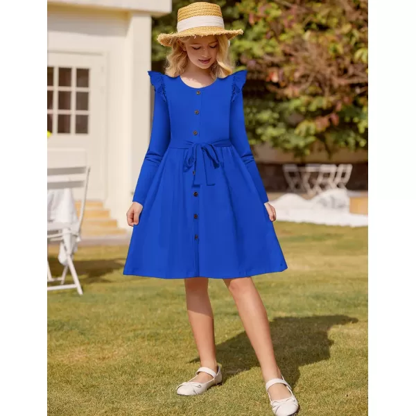 Arshiner Girls Long Sleeve Dress Casual Fall Dress A Line Belted Midi Dress with Pockets for Kids 5-14Y