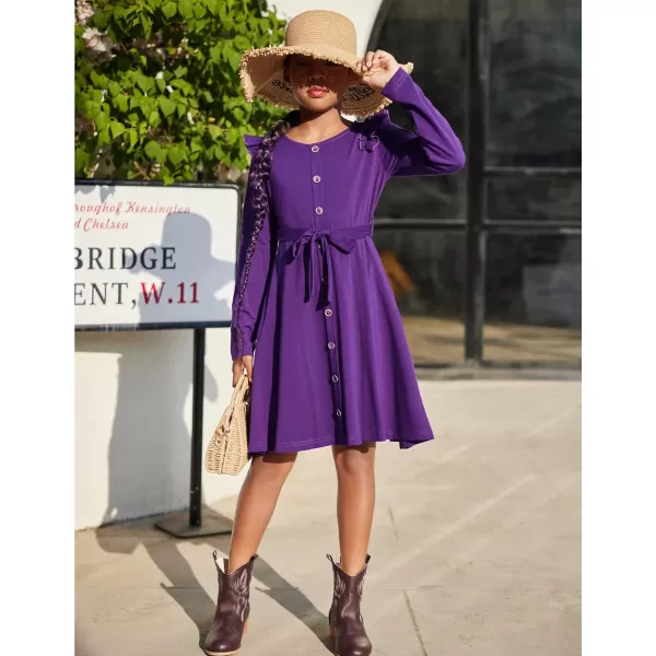 Arshiner Girls Long Sleeve Dress Casual Fall Dress A Line Belted Midi Dress with Pockets for Kids 5-14Y