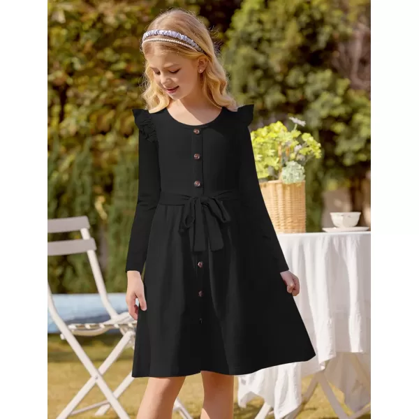 Arshiner Girls Long Sleeve Dress Casual Fall Dress A Line Belted Midi Dress with Pockets for Kids 5-14Y