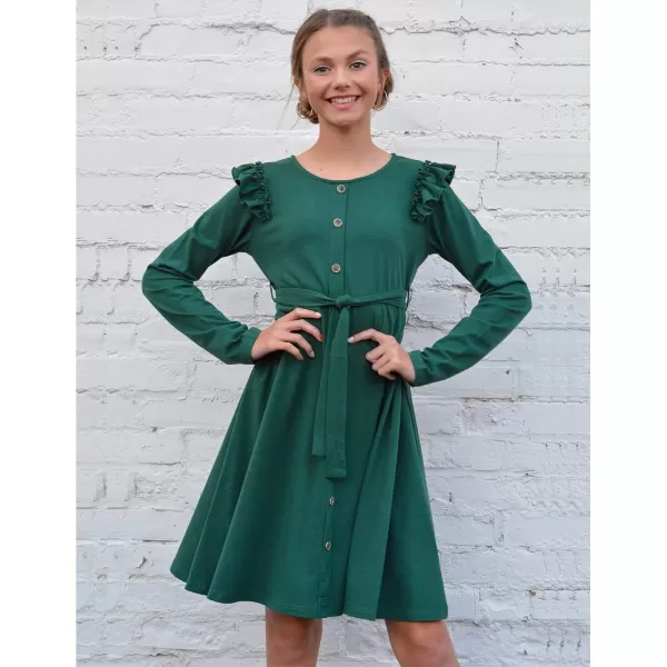 Arshiner Girls Long Sleeve Dress Casual Fall Dress A Line Belted Midi Dress with Pockets for Kids 5-14Y
