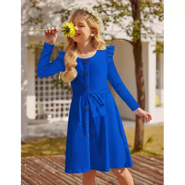 Arshiner Girls Long Sleeve Dress Casual Fall Dress A Line Belted Midi Dress with Pockets for Kids 5-14Y