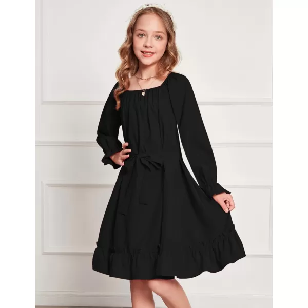 Arshiner Girls Long Sleeve Dress Holiday Party Casual Ruffle Flowy Swing Midi Dresses 5-14 Years