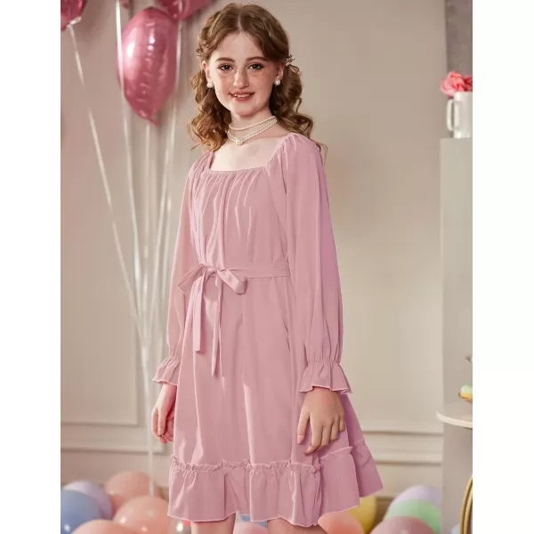 Arshiner Girls Long Sleeve Dress Holiday Party Casual Ruffle Flowy Swing Midi Dresses 5-14 Years