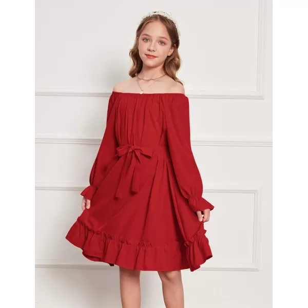 Arshiner Girls Long Sleeve Dress Holiday Party Casual Ruffle Flowy Swing Midi Dresses 5-14 Years