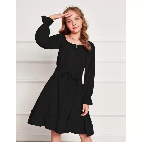 Arshiner Girls Long Sleeve Dress Holiday Party Casual Ruffle Flowy Swing Midi Dresses 5-14 Years
