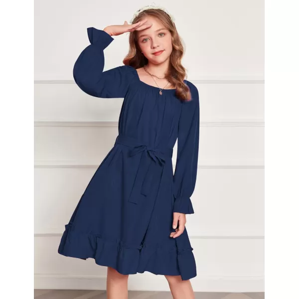Arshiner Girls Long Sleeve Dress Holiday Party Casual Ruffle Flowy Swing Midi Dresses 5-14 Years