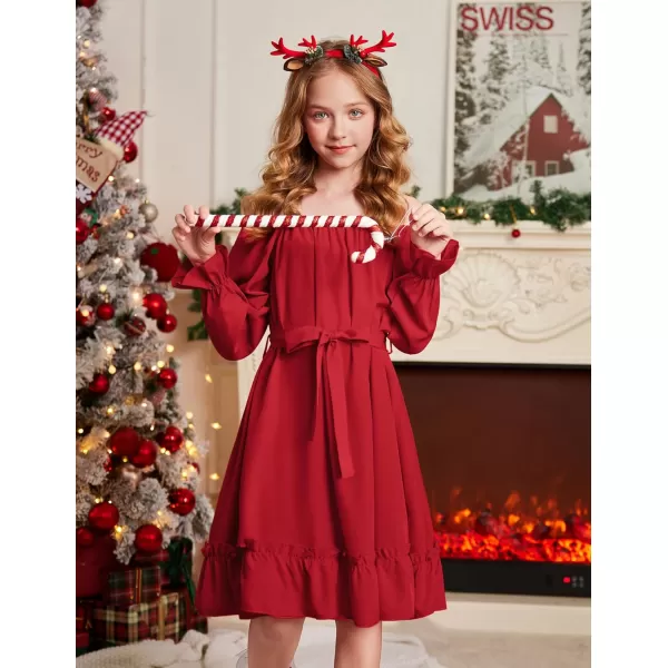 Arshiner Girls Long Sleeve Dress Holiday Party Casual Ruffle Flowy Swing Midi Dresses 5-14 Years