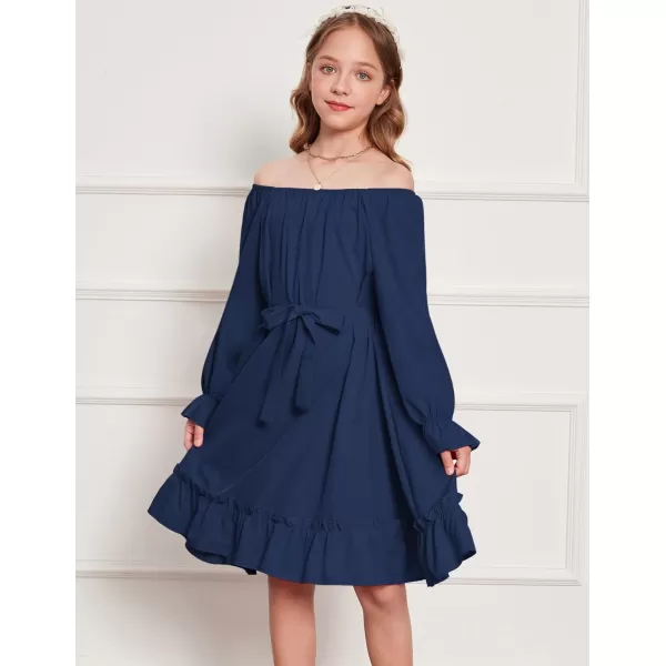 Arshiner Girls Long Sleeve Dress Holiday Party Casual Ruffle Flowy Swing Midi Dresses 5-14 Years