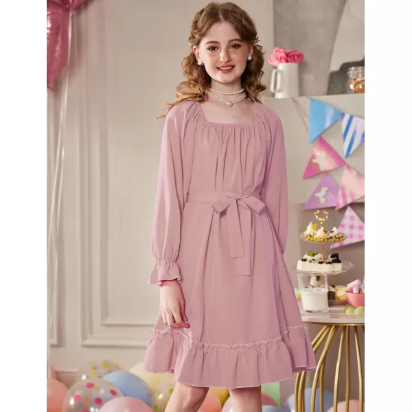 Arshiner Girls Long Sleeve Dress Holiday Party Casual Ruffle Flowy Swing Midi Dresses 5-14 Years