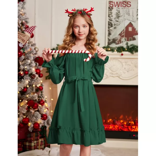 Arshiner Girls Long Sleeve Dress Holiday Party Casual Ruffle Flowy Swing Midi Dresses 5-14 Years