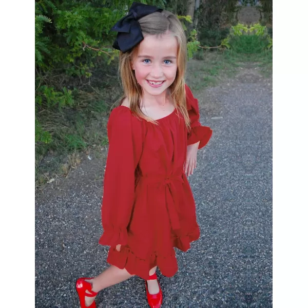 Arshiner Girls Long Sleeve Dress Holiday Party Casual Ruffle Flowy Swing Midi Dresses 5-14 Years