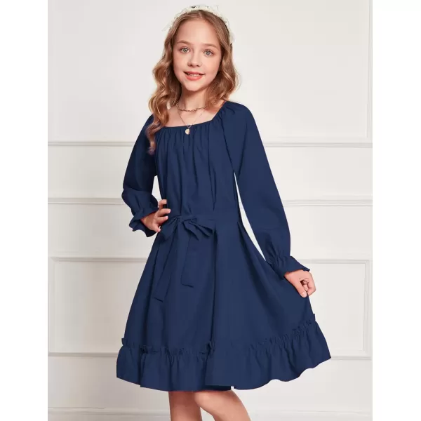 Arshiner Girls Long Sleeve Dress Holiday Party Casual Ruffle Flowy Swing Midi Dresses 5-14 Years