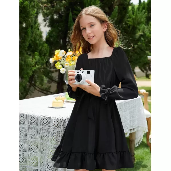 Arshiner Girls Long Sleeve Dress Holiday Party Casual Ruffle Flowy Swing Midi Dresses 5-14 Years