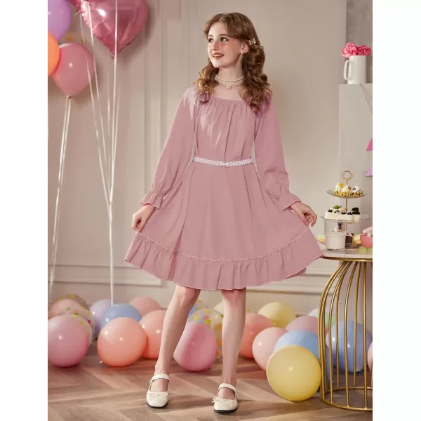 Arshiner Girls Long Sleeve Dress Holiday Party Casual Ruffle Flowy Swing Midi Dresses 5-14 Years