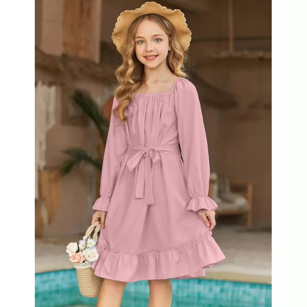 Arshiner Girls Long Sleeve Dress Holiday Party Casual Ruffle Flowy Swing Midi Dresses 5-14 Years