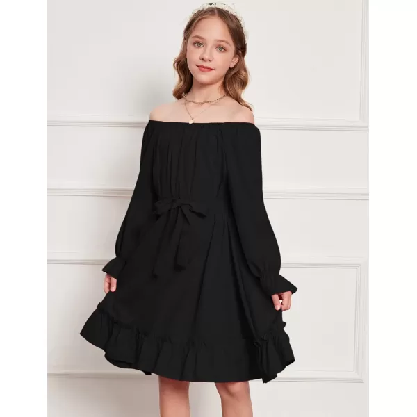 Arshiner Girls Long Sleeve Dress Holiday Party Casual Ruffle Flowy Swing Midi Dresses 5-14 Years