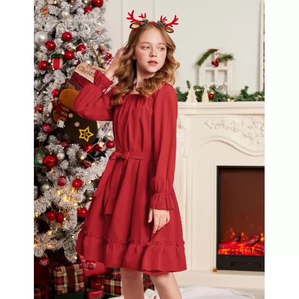Arshiner Girls Long Sleeve Dress Holiday Party Casual Ruffle Flowy Swing Midi Dresses 5-14 Years