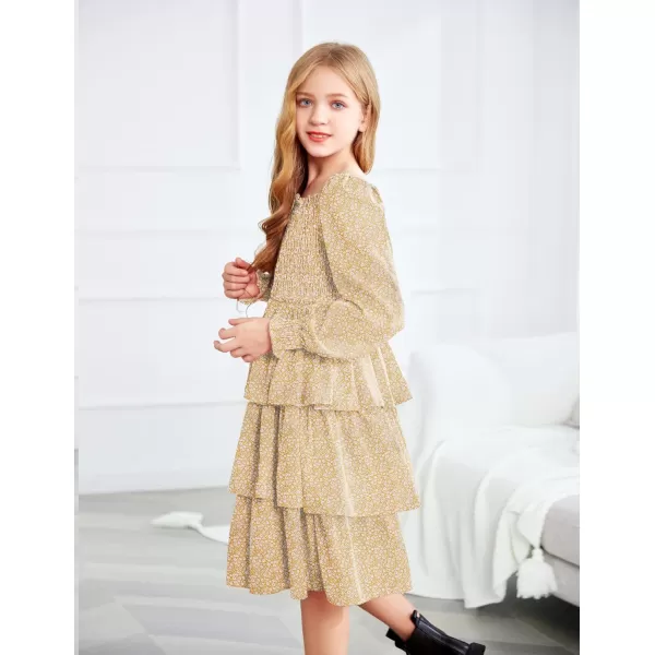 Arshiner Girls Long-Sleeve Tiered Dresses Square Neck Lantern Smocked Ruffle Layered Tie Back Dress