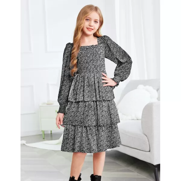 Arshiner Girls Long-Sleeve Tiered Dresses Square Neck Lantern Smocked Ruffle Layered Tie Back Dress