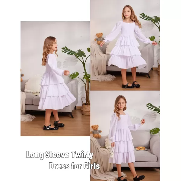Arshiner Girls Long-Sleeve Tiered Dresses Square Neck Lantern Smocked Ruffle Layered Tie Back Dress