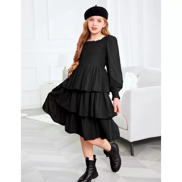 Arshiner Girls Long-Sleeve Tiered Dresses Square Neck Lantern Smocked Ruffle Layered Tie Back Dress