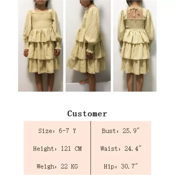 Arshiner Girls Long-Sleeve Tiered Dresses Square Neck Lantern Smocked Ruffle Layered Tie Back Dress