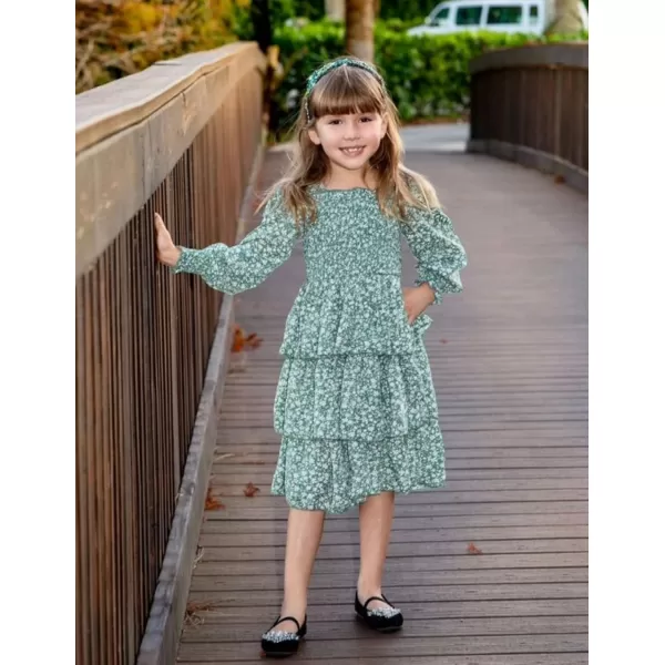 Arshiner Girls Long-Sleeve Tiered Dresses Square Neck Lantern Smocked Ruffle Layered Tie Back Dress