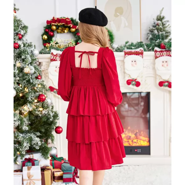 Arshiner Girls Long-Sleeve Tiered Dresses Square Neck Lantern Smocked Ruffle Layered Tie Back Dress