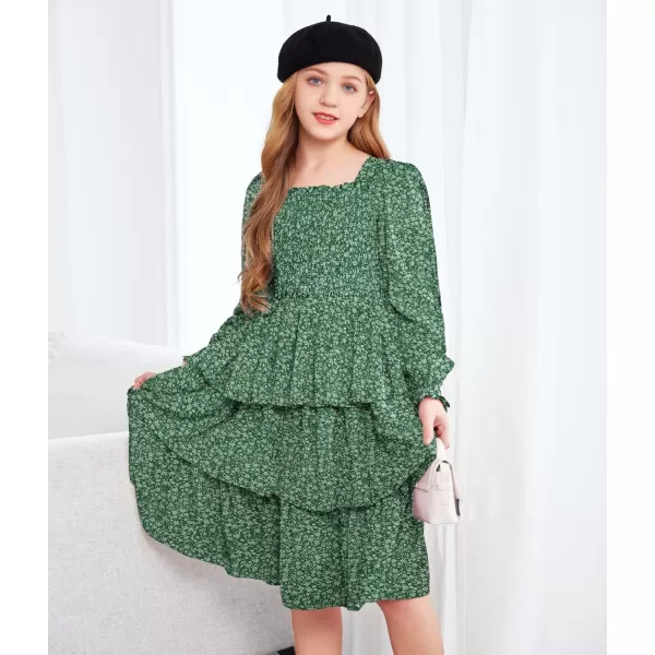 Arshiner Girls Long-Sleeve Tiered Dresses Square Neck Lantern Smocked Ruffle Layered Tie Back Dress