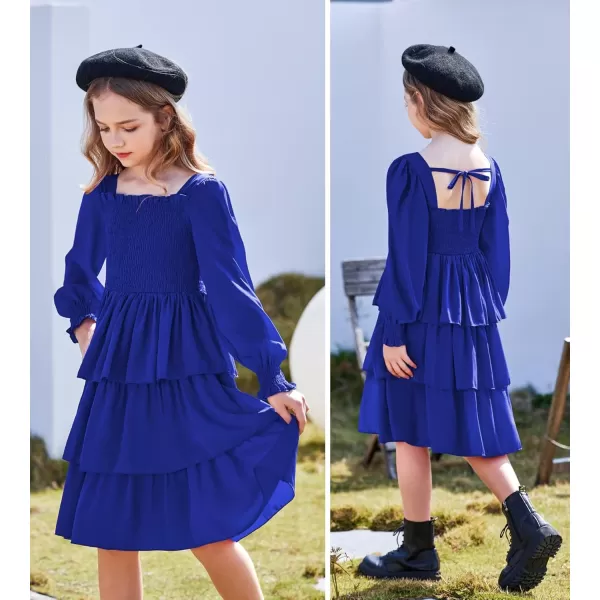 Arshiner Girls Long-Sleeve Tiered Dresses Square Neck Lantern Smocked Ruffle Layered Tie Back Dress