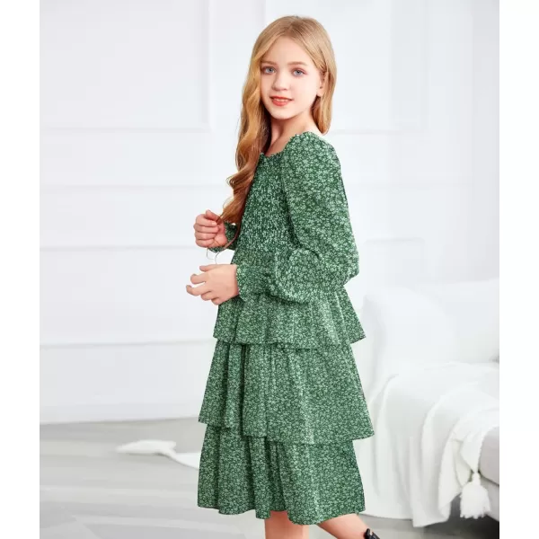 Arshiner Girls Long-Sleeve Tiered Dresses Square Neck Lantern Smocked Ruffle Layered Tie Back Dress