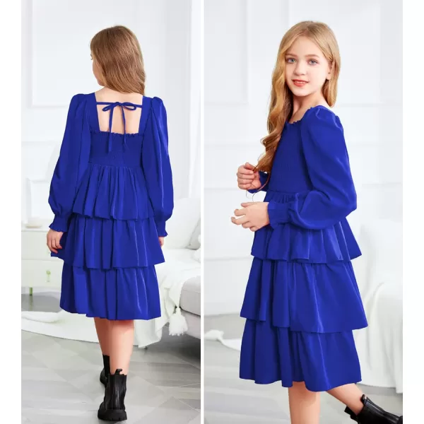 Arshiner Girls Long-Sleeve Tiered Dresses Square Neck Lantern Smocked Ruffle Layered Tie Back Dress