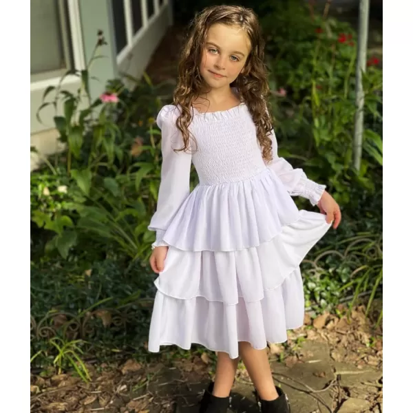 Arshiner Girls Long-Sleeve Tiered Dresses Square Neck Lantern Smocked Ruffle Layered Tie Back Dress