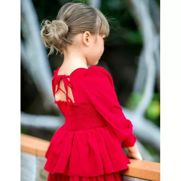Arshiner Girls Long-Sleeve Tiered Dresses Square Neck Lantern Smocked Ruffle Layered Tie Back Dress